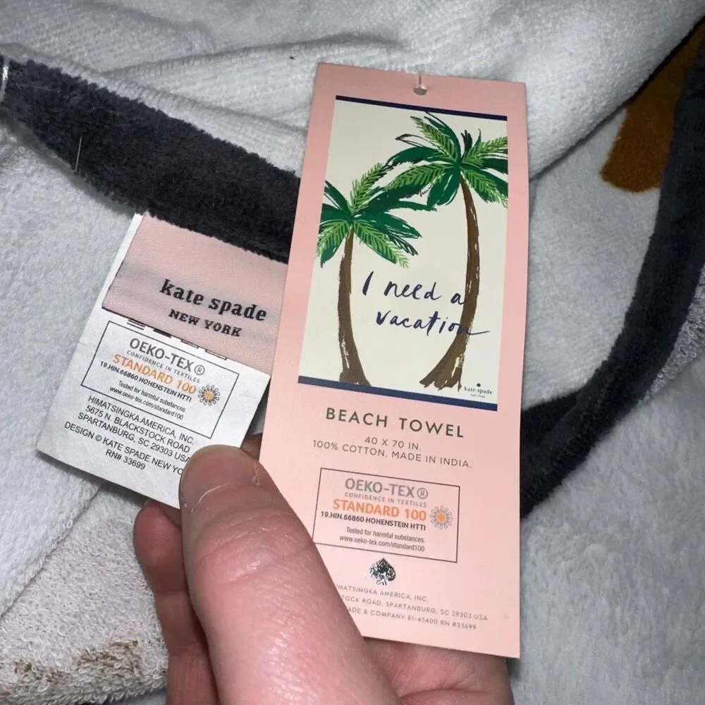 Kate Spade Beach Towel White Palm Tree “I Need A Vacation” 40x70” NWT